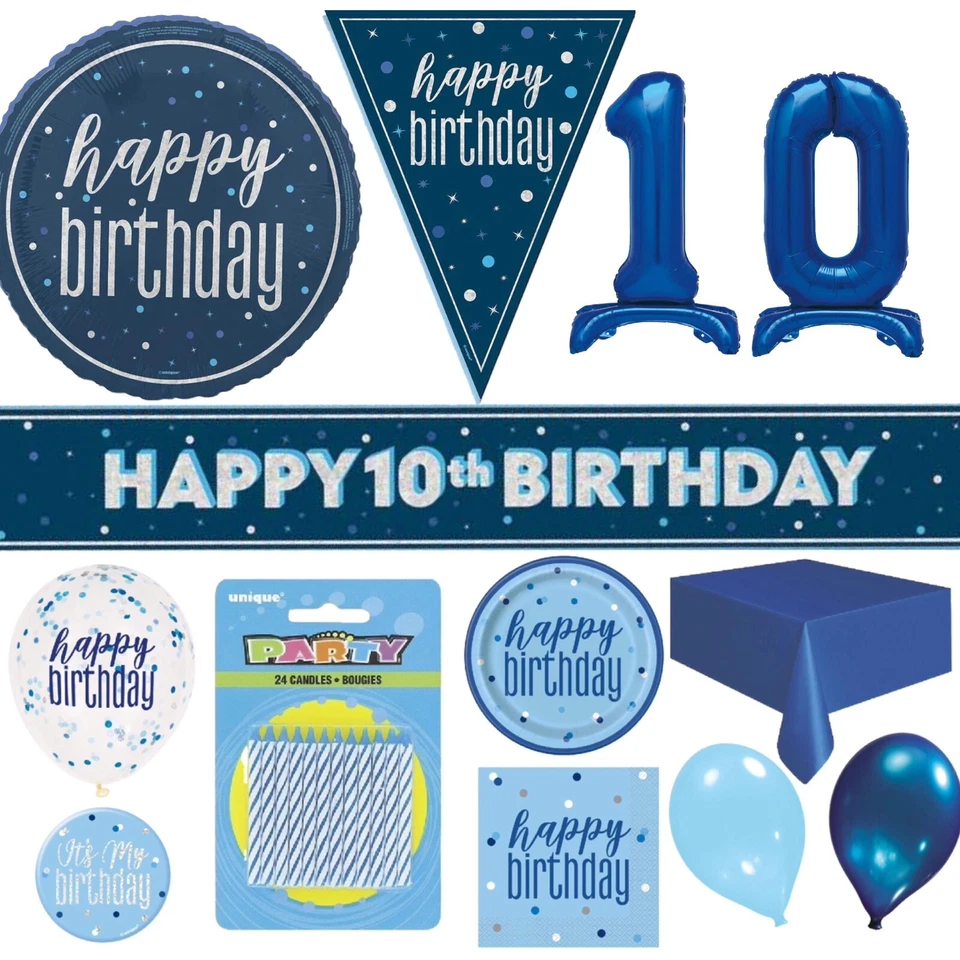 UNIQUE PARTY Blue 10th Birthday Decorations Happy Party Banner Bunting Balloons Candle Age 10