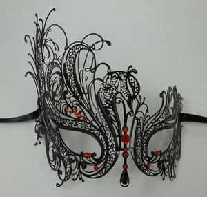 Black Red Rhinestone Swan Laser Cut Venetian Mask Masquerade Metal Filigree - Picture 1 of 3