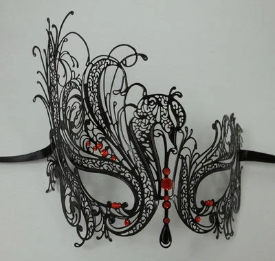 Black Red Rhinestone Swan Laser Cut Venetian Mask Masquerade Metal Filigree - Image 1 of 3