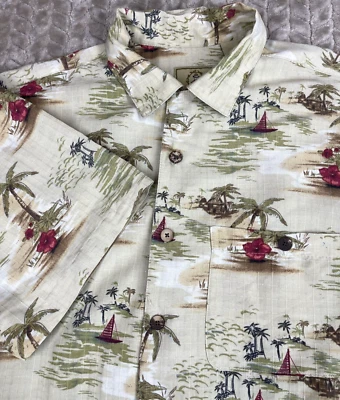 Camisa Hawaiana Joe Marlin Para Hombres L Barco Rojo Floral Magnum PI Cuello Cubano Foto 1 de 4