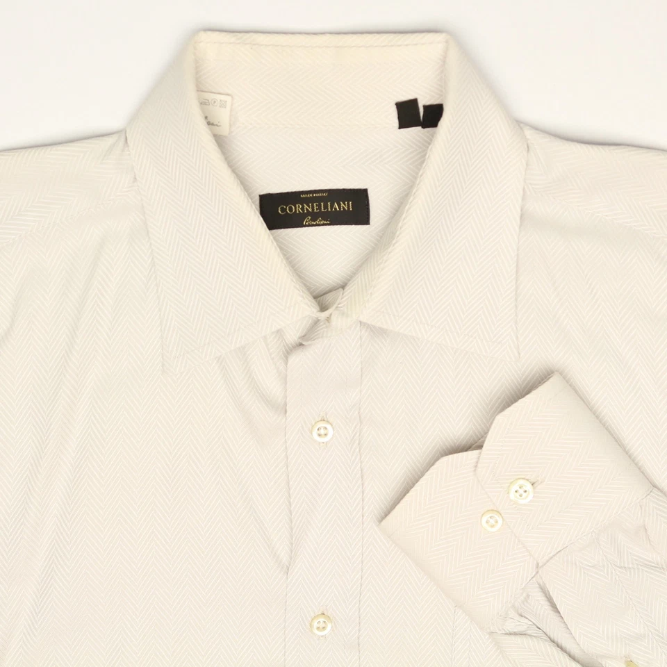 Camisa Corneliani Para Hombres 16 M Gris Claro Sólido Tejido Espiga Algodón Abotonado Foto 1 de 4