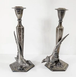 Antiguo par de candelabros Weidlich Bros figurativos pájaro faisán placa de plata Rus - Imagen 1 de 17