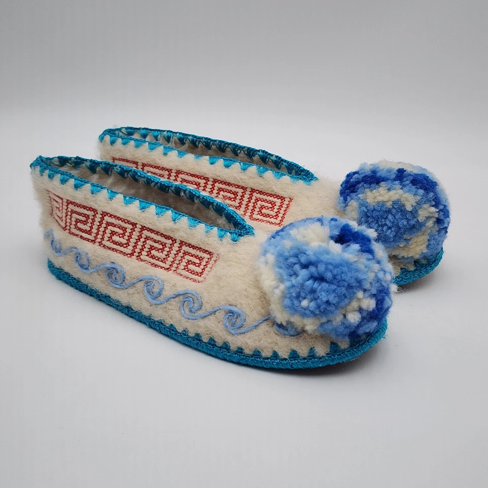 Zapatillas de lana griega para niños Minas suela de cuero 9,5" de largo EE. UU. 3,5 UK 3 Foto 1 de 4