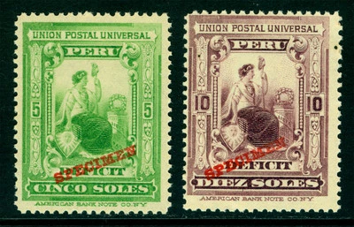 PERU 1899 POSTAGE DUE - LIBERTY set w/ABNC "SPECIMEN" Sc# J34-35 mint MNH - RARE - Image 1 of 2