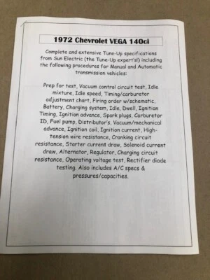 1972 Chevrolet VEGA complete tune-up & service specs (both 80/90hp) - Image 1 of 4