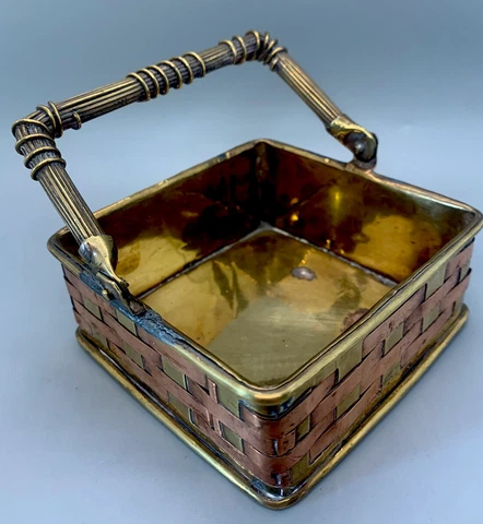 Vintage small brass box sq basket w/ handle laced wiring 4 x 4” and 1 1/2” deep Cover