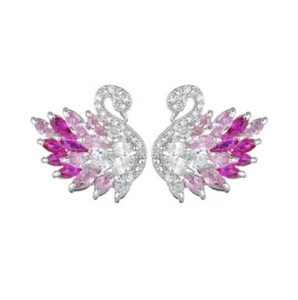 925 Sterling Silver Shiny Swan Design Pink White Topaz Gemstone Stud Earrings - Picture 1 of 7