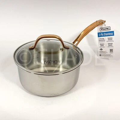 Viking 3-Ply Stainless Steel 2.25 Quart Sauce Pan Glass Lid Copper Handle New