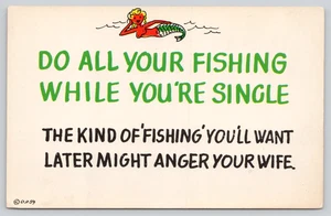 Postcard Do All Your Fishing While You're Single Humor Mermaid and Angry Wife - Picture 1 of 2