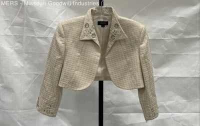 Tahari Women's Beige Embellished Lace Trim Cropped Jacket - Size 6 - Image 1 of 4