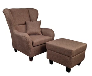 OHRENSESSEL mit HOCKER Landhaus Polster-, TV-, Lesesessel Strukturstoff in Braun - Bild 1 von 9