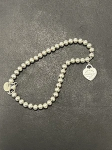 Tiffany & Co Sterling Silver "Return To Tiffany" Heart Tag 4mm Bead Bracelet- 7" - Picture 1 of 13