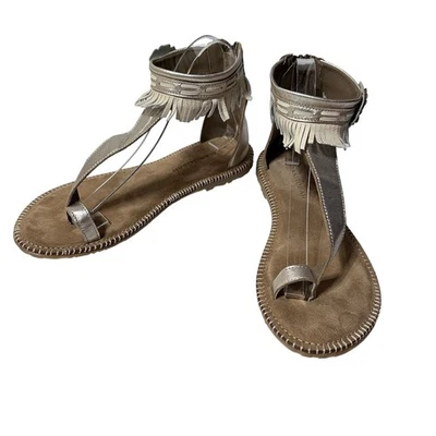 Manitobah Women 8 Wasaga Sandals Fringed Moccasin Style Back Zip Gold Cream Blue - Image 1 of 4
