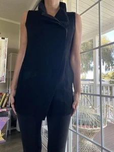 Vince Damen 100% Wolle Kleid Tunika Schwarz Ärmellos Leder Reißverschluss XS - Bild 1 von 11