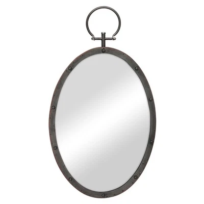 24.6" x 14" Oval Bronze Metal Wall Mirror with Rivet Detail and Hanging Loop,... - Image 1 of 4