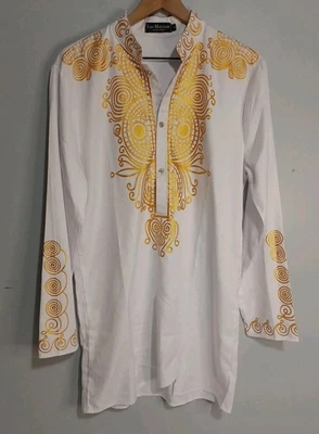 Luc Matton Dashiki Men's Sz S Top White Gold Long Sleeve African Tribal (L6) - Photo 1/4