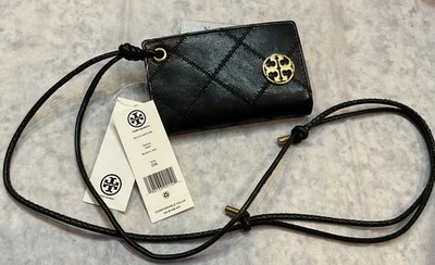 Estuche para tarjetas con cordón TORY BURCH Willa en cuero acolchado negro 151010 precio de venta sugerido por el fabricante $148 nuevo con etiquetas Foto 1 de 4