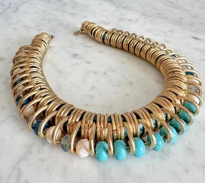 Gold Tone Cleopatra Style Faceted Stone & Crystal Bead Statement Necklace 17" - Bild 1 von 17