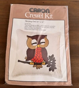 Vintage Caron Crewel Stickpackung "Schlafende Eule" #6364 14x14 Kissen Top 1977 - Bild 1 von 2