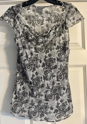 $78 Ann Taylor Silk Floral Shell Over Gray Cami Size 4 Flutter Sleeve Drape Neck - image 1 of 4