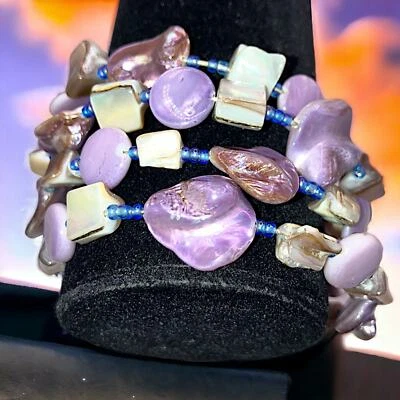 ¡Pulsera de alambre de memoria con cuentas de perlas barrocas púrpura de los mares del sur! Foto 1 de 4