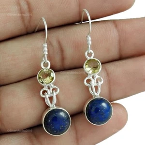 Rotondo Lapislazzuli 925 Argento Sterling Pendente Fatto a Mano Nuovo Orecchini - Foto 1 di 5