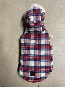 SIMPLY WAG ROT MARINEBLAU KARIERT FLEECE GEFÜTTERT HOODIE JACKE/MANTEL Welpe/Hund klein Neu mit Etikett - Bild 1 von 3