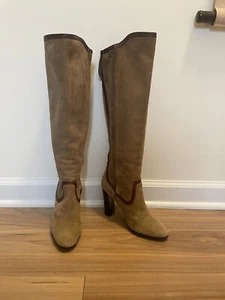 Pierre Hardy Boots 38 Tan Brown Suede Knee Boots 8 Leather Trim Italy - Picture 1 of 16