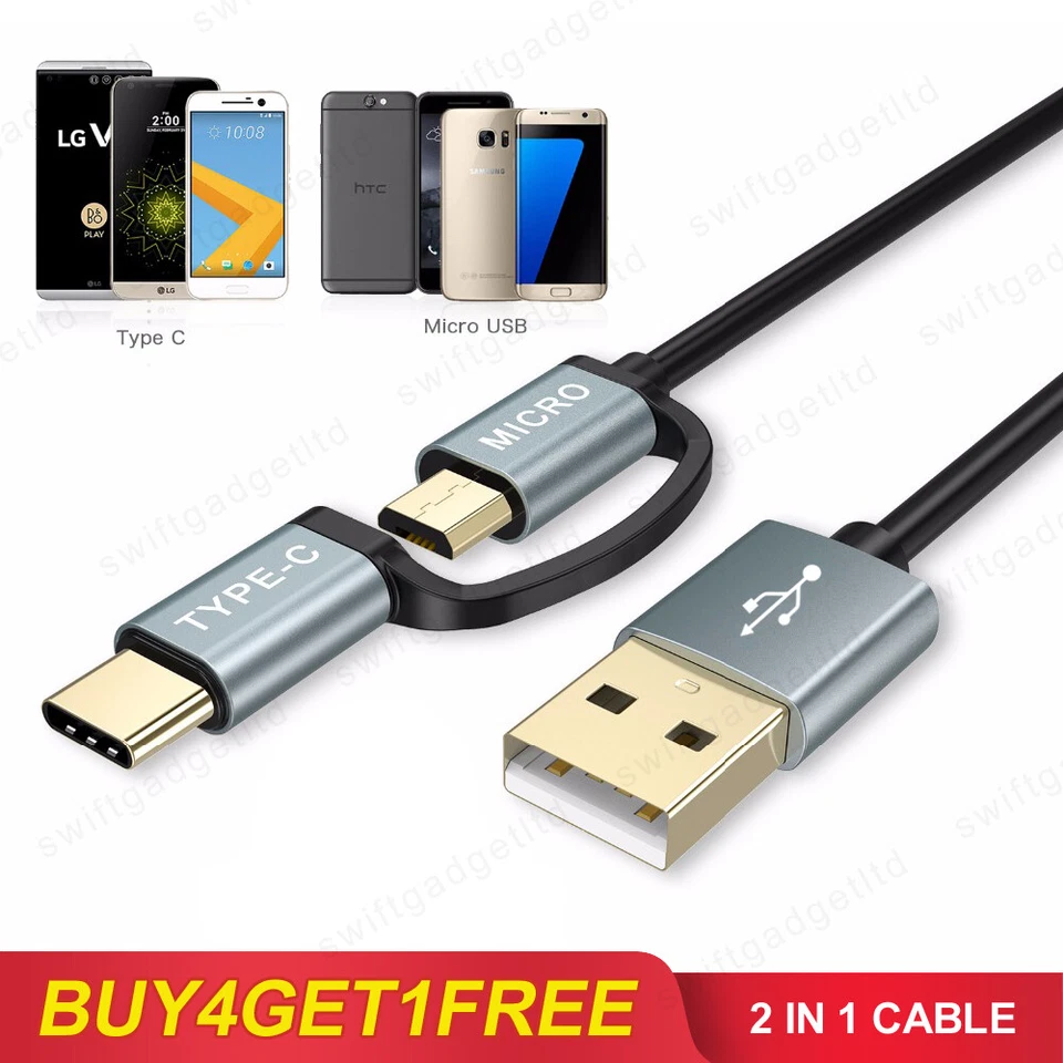 2in1 USB Type C Micro USB Cable 1M 2M Fast Charge USB-C Phone Charger Cable Lead - Image 1 of 4