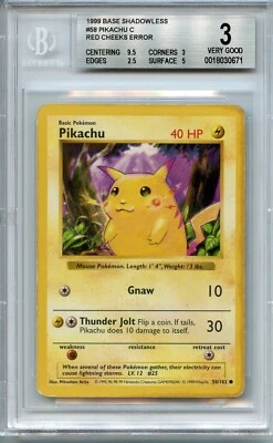 1999 Pokemon Card PIKACHU Red Cheeks Error #58/102 Shadowless Base Set BGS 3 VG - Image 1 of 2