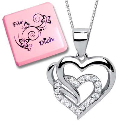 Herz echt 925 Silber Hals-Kette Anhänger mit Zirkonia für Damen Frauen Geschenk - Bild 1 von 2