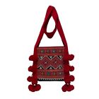 Thai Hmong Handmade Emproidered Bags Pompom Shoulder Bag Red Cotton Zipper