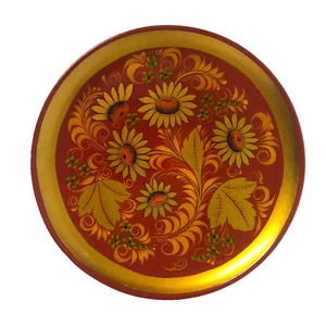 Russian Khokholoma Hand Painted Lacquered Wooden Plate 6" in Diameter Floral - Picture 1 of 4