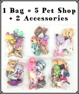 Lot Littlest Pet Shop 5 LPS aléatoires avec 1 chiot ou chat + 2 accessoires, 1 sac à main