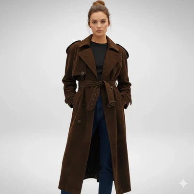 Vintage Dark Brown Suede Double-Breasted Trench Coat Duster Size [S/M/L] - Image 1 of 3