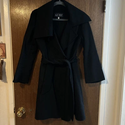 armani jeans womens black 100% wool wrap around coat with belt sz L NWOT  - Image 1 of 4