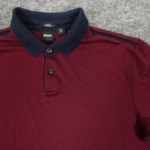 BOSS Hugo Boss Pitton 11 Polo Shirt Mens Medium Burgundy Pinstripe Slim Fit - Picture 1 of 12