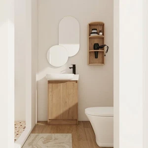 23" Sperrholz freistehender Badezimmer-Waschtisch mit Keramik-Waschbecken + Ablagegestell Eiche - Bild 1 von 24