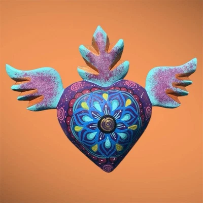 Alebrijes Oaxaca wood carving folk art heart with wings fridge magnets - Image 1 of 2