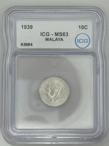 1939 Malaya 10 Cents King George VI 75% Silver - ICG MS63 - Picture 1 of 2