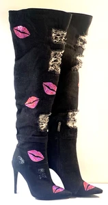 Cape Robbin Rhinestone Lips Distressed Denim Stiletto Over-the-Knee Boots Sz 9 - Picture 1 of 18