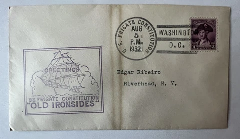 1932 GREETINGS OLD IRONSIDES CACHET COVER US FRIGATE CONSTITUTION DC TO NY Cover
