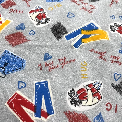 90s I Love My Blue Jeans Fleece Lined Knit Fabric 1+ Yard Grey #12 - Image 1 of 4