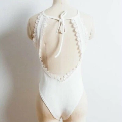 Damen Gestrickt Turnanzug Body Spitze Rückenfrei Träger Stretch Bademode Sexy - Bild 1 von 4
