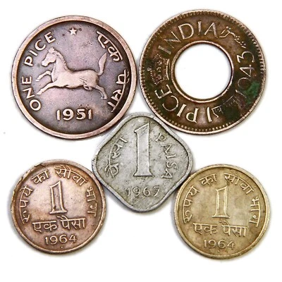HISTORICAL INDIA - ONE PAISA ( Pice) Coins Collection 5 Coins - Brass, Copper Al - Image 1 of 3