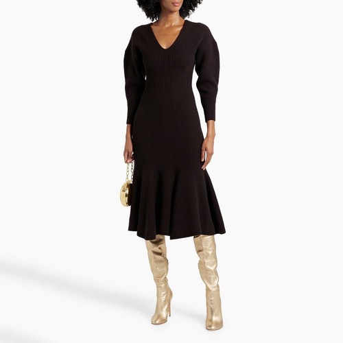 Abito midi da passerella Alexander McQueen svasato a costine in cashmere e lana $2590 nuovo con etichette