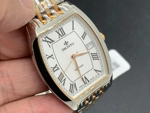 Swiss Made Pronto Date Sapphire Crystal White Dial Two Tone Quartz Men's Watch - Picture 1 of 16