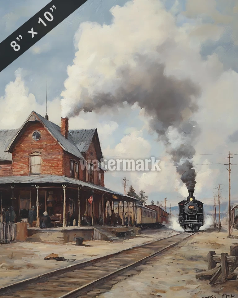 Una ciudad occidental con una estación de ferrocarril y pintura al óleo de vapor impresión 8x10 Foto 1 de 1