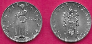 VATICAN CITY 1 LIRA 1957 UNC POPE PIVS XII,TEMPERANCE STANDING POURING LIBATION - Picture 1 of 1
