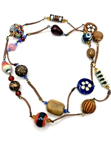 Collar Boho Largo Vintage Mixto Pintado a Mano Cerámica Arcilla Madera Arte Cuentas - Imagen 1 de 8